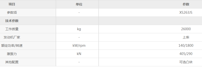 MK体育（中国）国际平台XS263JS机械单钢轮压路机参数配置